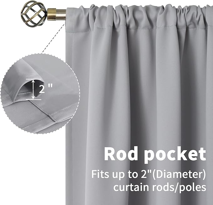 BGment Rod Pocket Blackout Curtains for Bedroom 72 Inches Length - Thermal Insulated Room Darkening Curtain for Living Room, 42 x 72 Inch, 2 Panels, Light Grey