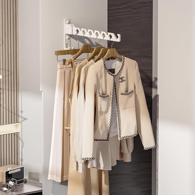 Wall Mount Coat Hanger Holder White Clothes Drying Organizer Rack Garment Hooks Aluminium Retractable Folding Indoor Wall Mounted Hanger Space Saver for Laundry Room Bedroom White 2 Pack with 8 Hooks