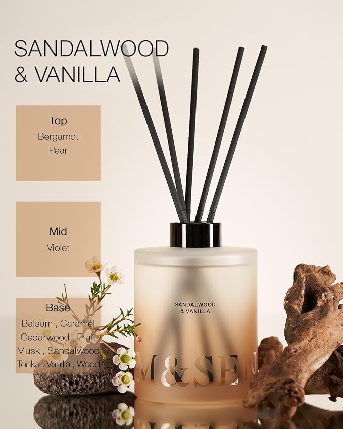 M&SENSE Reed Diffuser, Sandalwood Vanilla, 17 oz Natural Essential Oil | Non-Toxic Organic, Long-Lasting Fragrance, Ideal for Meditation Room, Bedroom, Gifts for Women