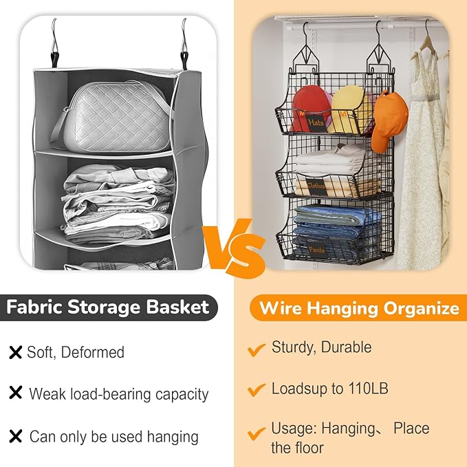Hanging Closet Organizers and Storage, 5 Tier Closet Shelf Clothes Organizer with 2 S-Hooks, Multi-Functional Iron Wire Baskets, for Clothing, Sweaters, Handbags, Hat, Canned
