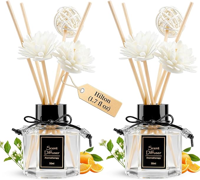 TonJin Reed Diffuser Set of 2, 1.7 fl oz Long-Lasting Air Freshener for Bathroom, Living Room & Bedroom | Natural Non-Toxic Essential Oil with 6 Scent Sticks, Hotel Collection Inspired Home Scent