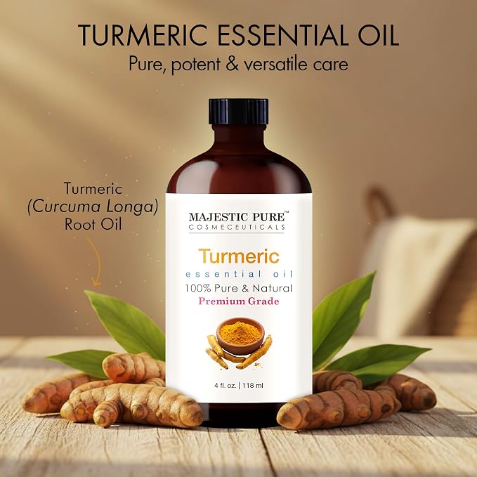 Majestic Pure Turmeric Essential Oil for Diffuser - 4 Fl Oz | 100% Pure & Natural Essentials Oils Ideal for Humidifier, Air Freshening, Cleaning Home, Bath, Steam Inhalation and Massage