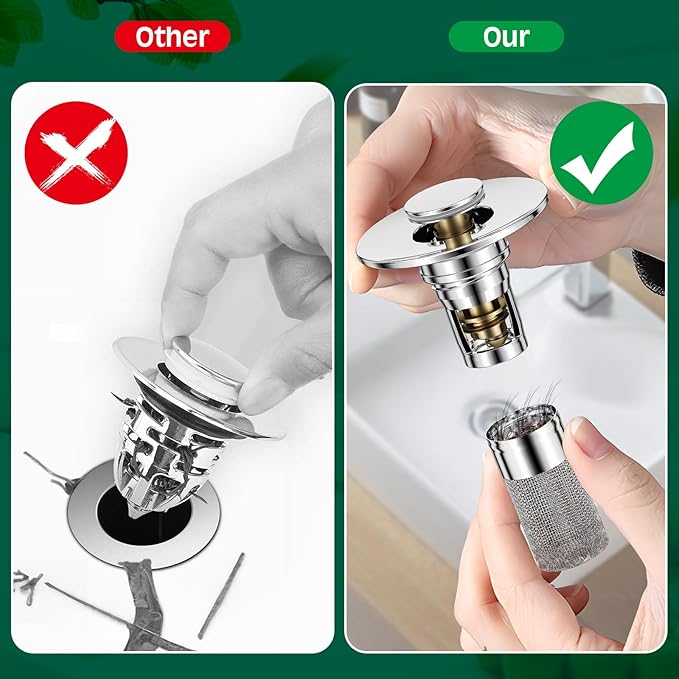 Vodolo 3 in 1 Sink Drain Strainer with Hair Catcher,4PCS Stainless Steel Popup Sink Stopper with Basket for Bathroom Kitchen Shower,Pop-up Bounce Core Floor Basin Drain Filter,Replacement Sink Plug