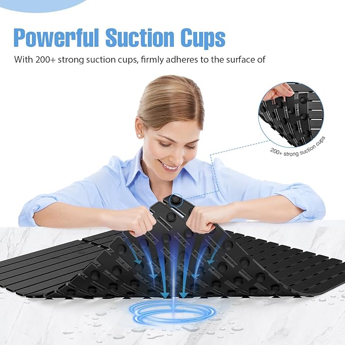 Shower Mat Non-Slip Bath Mat for Tub Floor & Stall with 200+ Suction Cups & Drain Holes, Quick Dry Machine Washable Bathtub Mat, Safe for Elderly& Baby, Bathroom Essentials 24x24 Inch (Black)