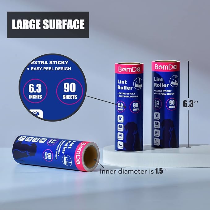 Extra Sticky Large Surface Lint Roller, 6.3''Wide Roller for Pet Hair | Long Handle Lint Remover for Couch, Furniture, Clothes, Dog & Cat Hair Remover (8 Refills / 720 Sheets)