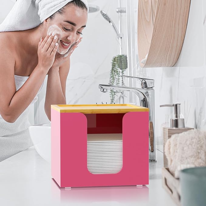 VITVITI Disposable Face Towel Holder for Clean Skin Club, Acrylic Box Pink | 50 XL Face Towels Holder Container, Facial Towel Storage with Bamboo Lid, for Bathroom, Vanity Makeup