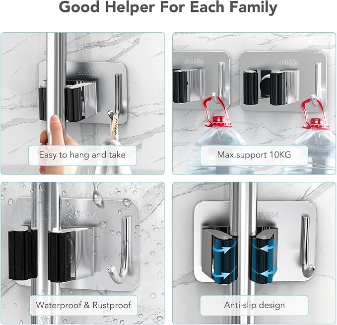 Mop Broom Holder No Drill, Mop Broom Organizer Wall Mounted Heavy Duty with Hooks Hanger, Self Adhesive Stainless Steel 4Pcs for Bathroom, Kitchen, Office (Multicolor)
