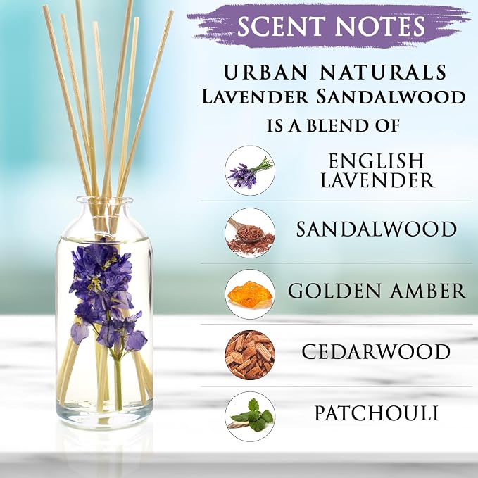 Reed Diffuser Set, Lavender Sandalwood - Bathroom Décor | Natural Bamboo Reeds Sticks, Aromatic Lavender, Golden Amber & Woods, Vegan. Made in the USA