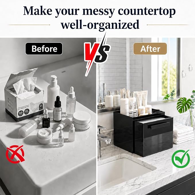 Acrylic Disposable Facial Towels Holder, Wall-Mounted, Glossy Black | Premium Thicken Acrylic | Compatible with Clean Skin Club Towel XL | Skin Care Organizer with Drawer | Bathroom Vanity