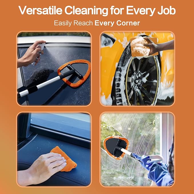 Windshield Cleaner Tool 22.5" L - Car Interior&Exterior Window Cleaning Kit with Extendable Handle&4 Microfiber Pads and Thick Large Wash Sponge,Auto Glass Wiper Brush Kit for Cars Home (7pcs Orange)