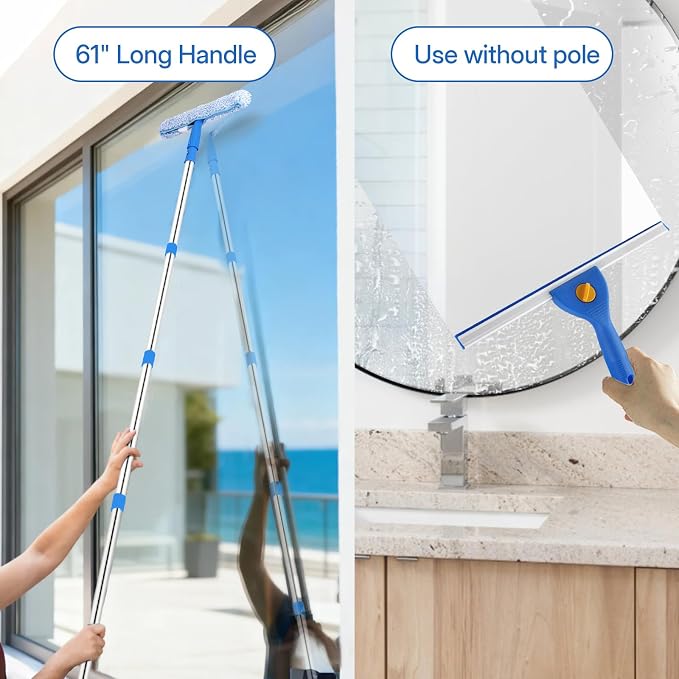 PIMEKOY Window Cleaning Kit with 3 Gal Collapsible Bucket for Home, Outdoor | 61" Long Handle Window Squeegee & Microfiber Scrubber, 3 Gal Bucket, High Window Washing Kit, Window Cleaner Tool for Glass