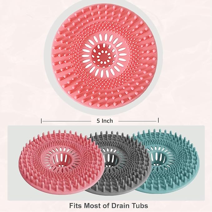 Silicone Hair Catcher for Shower Drain & Bathtub – 3 Pack (Grey/Blue/Pink), Anti-Clog Drain Strainer with Strong Suction, Easy Install, for Bathroom, Kitchen & Pet Hair (Patented)