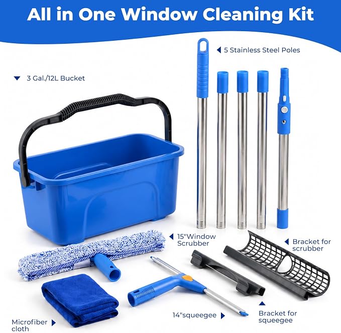 UFORU Professional Window Cleaning Kit with Bucket 3 Gallon for High Indoor | 14" Window Squeegee & 15" Microfiber Scrubber, 76" Adjustable Handle, Effortless Cleaning for High Windows, Homes & Offices