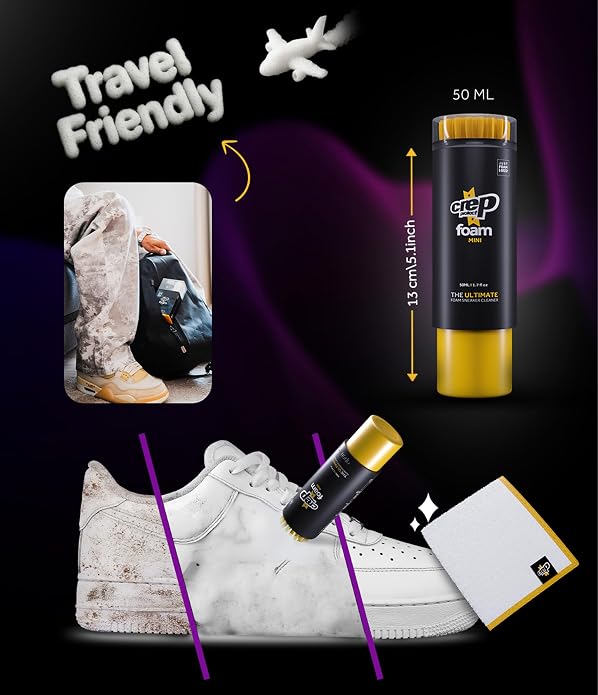 Crep Protect Foam Mini Shoe Cleaner - On the Go Sneaker Cleaning Foam with Built In Brush & Microfiber Cloth - Quick & Travel Size Cleaner