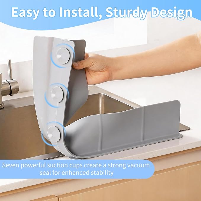 Silicone kitchen sink splash guard -Extra Large self draining bathroom/island splash guard（23 * 3.5 * 3.9 inch ）,7 suction cups for anti slip and strong stability, durable and easy to clean (gray)