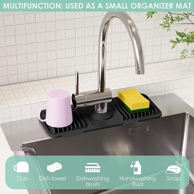 24 Inch Silicone Faucet Mat for Kitchen Sink Splash Guard - 7° Slope Water Draining Mat With Fasten Button for Bathroom Area (Black, 14.6''x5.5'')