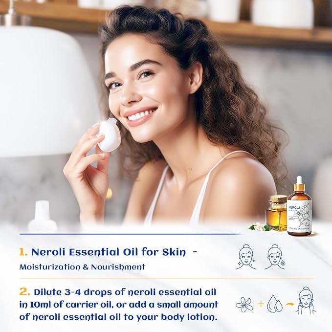 HIQILI Neroli Essential Oil for Diffuser, Aromatherapy and Skin Care | Relaxing & Calming, for Diffuser, Massage & DIY, Travel Bottle Included —100mL / 3.38 fl.oz
