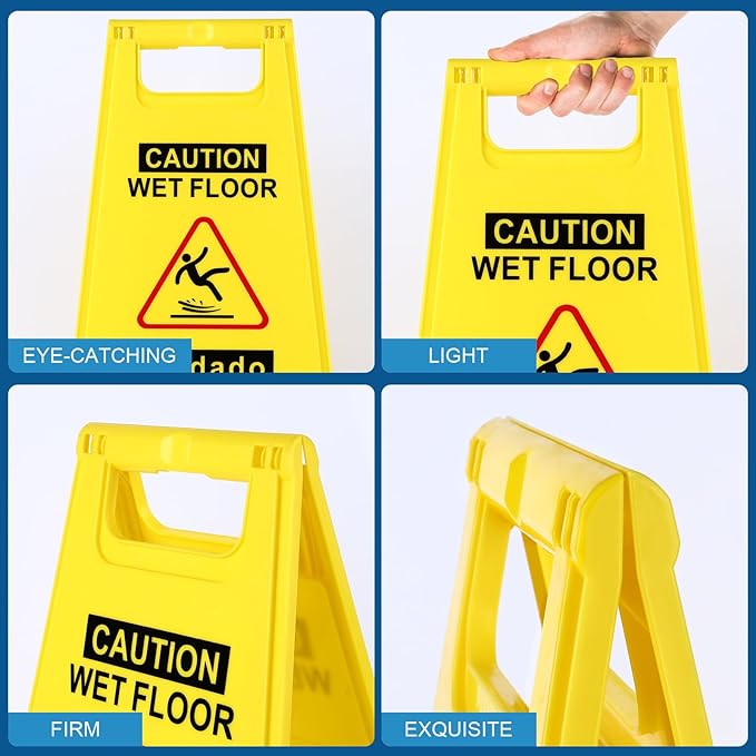 3-Pack Caution Wet Floor Sign,17.5" Height,Bright Yellow Double-Sided Folding A-Shaped Frame Design, Bilingual Caution Message