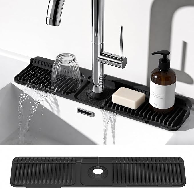 24 Inch Faucet Mat for Kitchen Sink, Silicone Splash Guard for Kitchen Sink Area, 7° Slope Fast Self-Draining Sink Mat, Cuttable Hole Design, Sink Backsplash Guard Draining Mat, Black