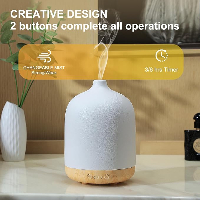 250ml Ceramic Essential Oil Diffusers for Home, Aroma Defusers | Decorative Bedroom Aromatherapy Scent Air Diffuser Ultrasonic 250ml with Timed-White