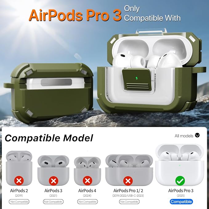 R-FUN for AirPods Pro 3 Case with Lock Magnetic Lid MagSafe, Green | Compatible Apple AirPods Pro 3, Compatible MagSafe, Protective Case with Cleaner Kit & Carabiner, Powerful Drop Protection