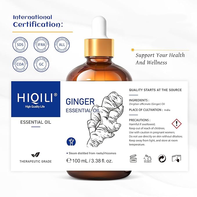 HIQILI Ginger Essential Oil 3.38 Fl Oz, for Massage, Diffuser, Large Bottle with Dropper & Gift Box -100ml | With 10ml Travel Bottle, Creates a Cozy, Soothing Space, Warming Sensation for Body & Joint Comfort - 100ml / 3.38 fl oz