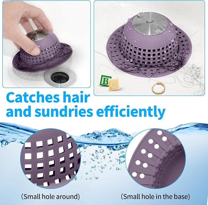 Aluvor Shower Drain Hair Catcher Bathtub Drain Cover Sink Drain Protector | Bathroom Sink & Bathtub Drain Strainer for Pop-Up & Regular Drains, Silver Purple