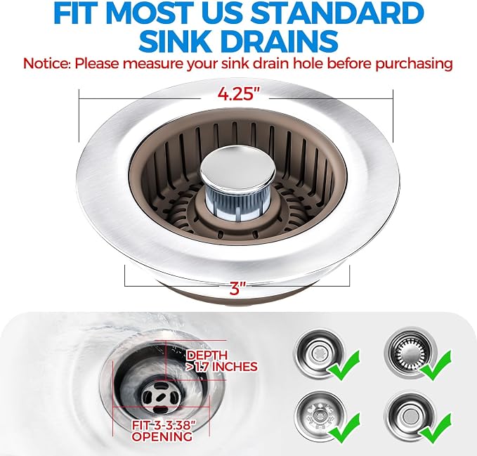 Upgraded 3in1 Kitchen Sink Drain Strainer & Sink Stopper, Stainless Steel Kitchen Drain Plug & Cover with Anti-Clogging Basket Strainer, Fit US Standard 3-1/2'' Sink Drain Hole, Brown