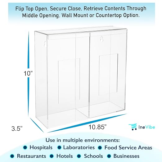 IneVibe 2 Compartment Hygiene Holder with Lid for Home or Office (Double) | Double Acrylic Dispenser For Hairnets, Glove Boxes, Face Masks, Plastic Bags, Tissue Boxes, Medical- Countertop or Wall Mount