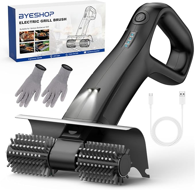 Cordless Electric Grill Brush, BBQ Grill Cleaner with 800RPM High-Speed Motor, 25kgf High Torque, 3500mAh Rechargeable Battery, 180-Min Runtime, 2 Replaceable Brush Heads, LED Light & Scraper
