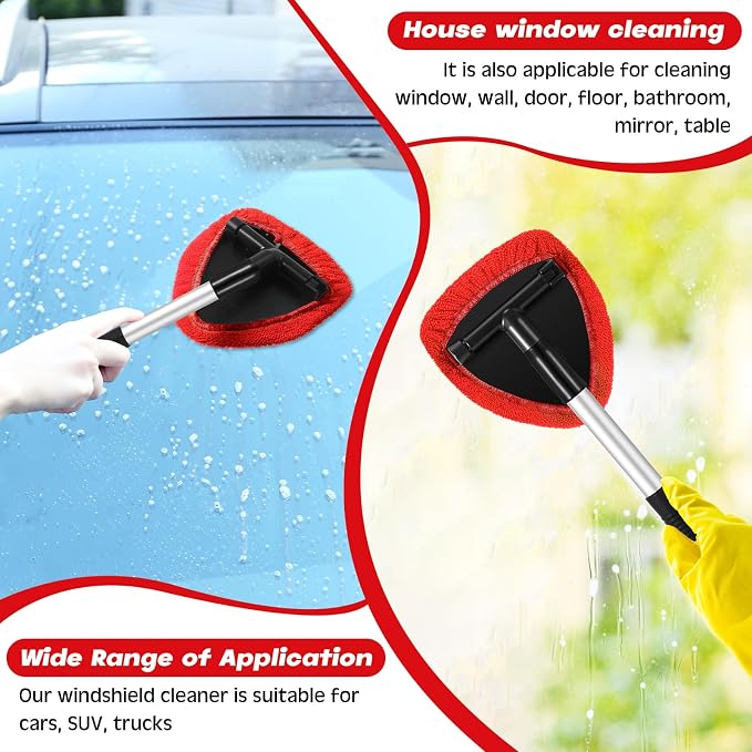 Potchen 8pcs Car Windshield Cleaner Tool with Extendable Handle, Red | with Microfiber Towel Pads, Brush, Empty Spray Bottle, Car Window Cleaner for Auto Glass Wiper Suvs Rvs & Home Windows