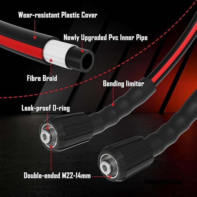 Flexible 1/4" Pressure Washer Hose 25FT,3600PSI Kink Resistant Power Washer Replacement Hose with Leak-Free M22-14mm,Used for Extension