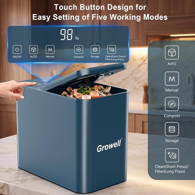 Growell 3.2L Smart Electric Composter, Countertop Food Waste Indoor Bin | Indoor Kitchen Compost,LED Display,Odorless & Low Noise,Auto-Cleaning,One-Touch Operation,Turns Waste to Fertilizer Quickly
