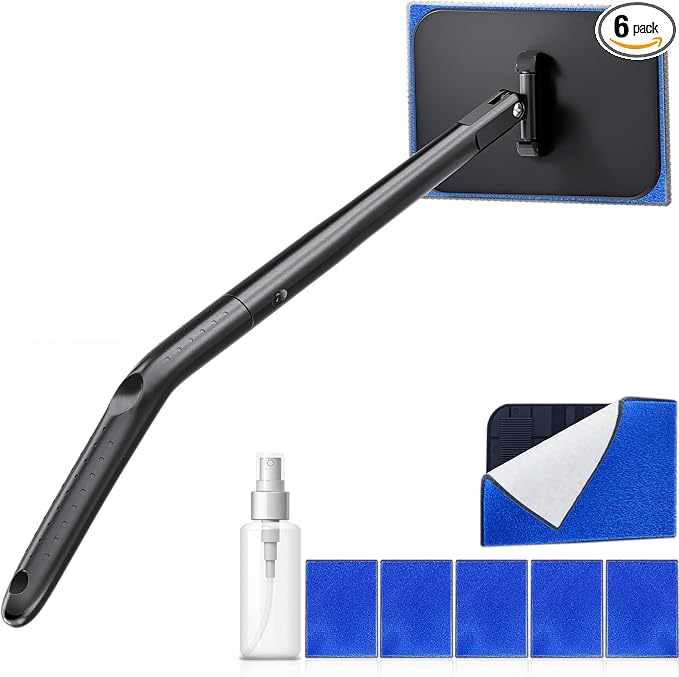 Car Windshield Cleaner Tool with Extendable Handle, Inside Auto Window Glass Cleaning Kit with 5 Washable Microfiber Pads, Streak-Free Defogger Wand for Deep Dashboards & SUVs