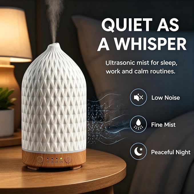 200ML Ceramic Essential Oil Diffuser for Home, Stone Diffuser | Ultrasonic Aromatherapy Diffuser & Air Humidifier for Bedroom, Office, Yoga, 7 LED Lights, Auto Shut-Off, 3 Timers, Rhombus