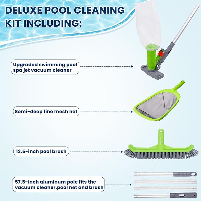 Sepetrel Deluxe Swimming Pool Cleaning Kit with Spa Jet Vacuum Cleaner,Brush, Semi-deep Skimmer Net & Adjustable 57.5-inch Pole,Ideal for Cleaning Above Ground,Inflatable Pools