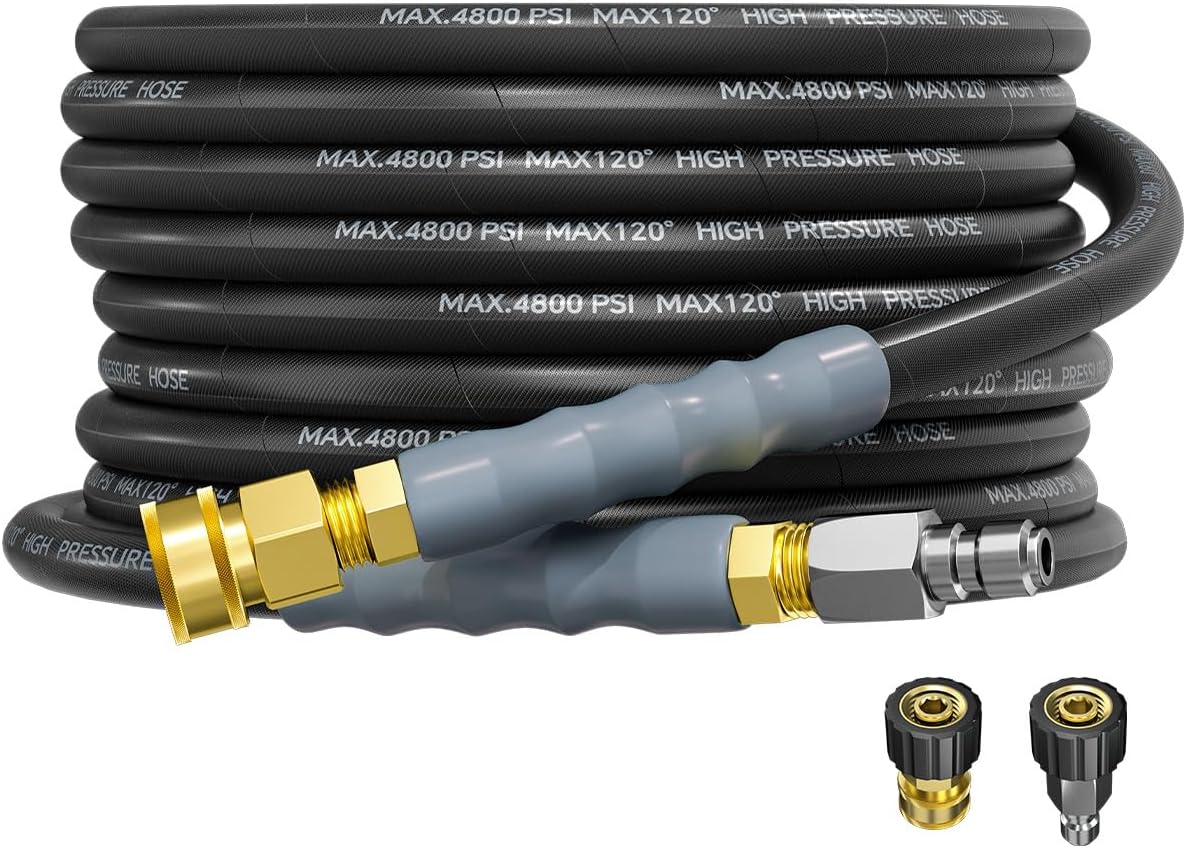 3/8" 4800PSI Pressure Washer Hose 25FT with Swivel Quick Connect for Cold/Hot Water Max 248°F, Kink Resistant Steel Wire Braided, Wear Resistant Power Washer Hose with M22 14mm Adapter