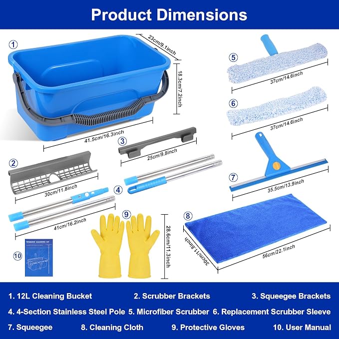 Professional Window Cleaning Kit, Window Washing Kit with 3 Gallon Bucket, 14-Inch Squeegee, 15-Inch Scrubber, 61-Inch Extendable Pole, Set of Window Cleaning Equipment for Home & Commercial Use