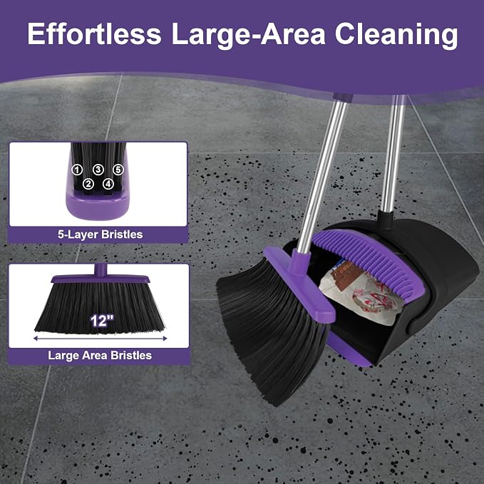 Broom and Dustpan Combo Set, 51" Long Handle Broom with Squeegee | Wet & Dry Cleaning for Pet Areas, Built-in Comb Dustpan, Foldable Space-Saving Storage, Multi-Surface Floor Cleaning