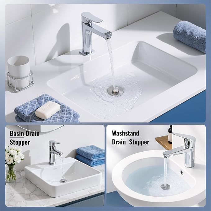 5-in-1 Bathroom Sink Stopper, 2 Pc Pop-Up Sink Drain Strainer with Removable Bascket, Anti-Clog Strainer, Odor Blocking & One-Way Flow Design, Brass & Stainless Steel All Metal Made, Fit 1.1"–2.36"
