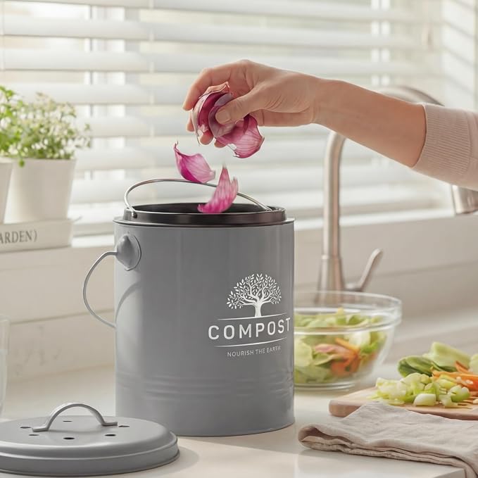 Perfnique Kitchen Compost Bin, 1.3 Gallon Countertop Compost Bin with Lid, Indoor Compost Bucket Includes Inner Bucket Liner and Carbon Filter, Small Compost Bin with Trash Bags (with Bags, Grey)