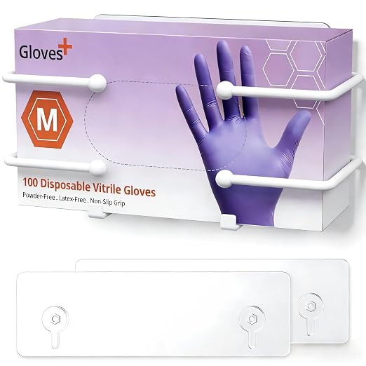 Adhesive Glove Box Holder Wall Mount, Metal Gloves Dispenser, White | For Latex & Nitrile Boxes, No-Drill Tissue & Wipes Organizer for Lab, Kitchen, Bathroom