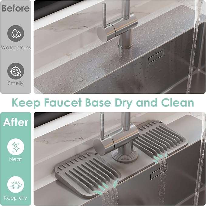 24 Inch Silicone Faucet Mat for Kitchen Sink Splash Guard - 7° Slope Water Draining Mat With Fasten Button for Bathroom Area (Gray, 14.6''x5.5'')