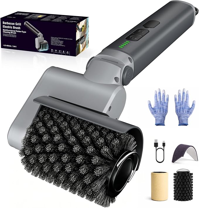 Electric Grill Brush, Cordless BBQ Cleaner, 3-Speed & Angle Adjustable, 3-in-1 Kit with Gloves, Reinforced Bristles, 150Mins Runtime, Removable & Dishwasher Safe for Outdoor BBQ Grates (Light Gray)