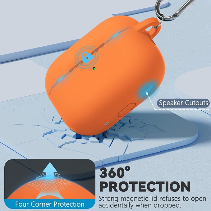Ljusmicker for AirPods Pro 3 Case 2025 with Cleaner Kit,Magnetic Orange | Soft Silicone Protective Cover for Apple AirPod Pro 3rd Generation Case with Keychain for Women Men,Shockproof,Magnetic