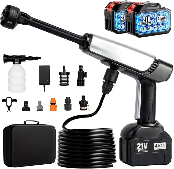 Cordless Pressure Washer Battery Powered,Portable Power Washer with 2pcs 4.5Ah Battery&Charger & 6-in-1 Nozzle (one Size)