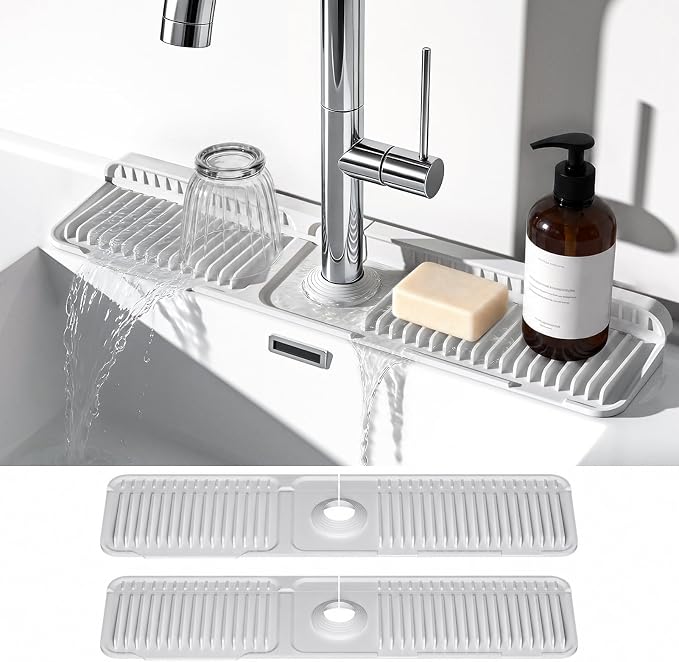 2PCS 24 Inch Faucet Mat for Kitchen Sink, Silicone Splash Guard for Kitchen Sink Area, 7° Slope Fast Self-Draining Sink Mat, Cuttable Hole Design, Sink Backsplash Guard Draining Mat, Light Grey