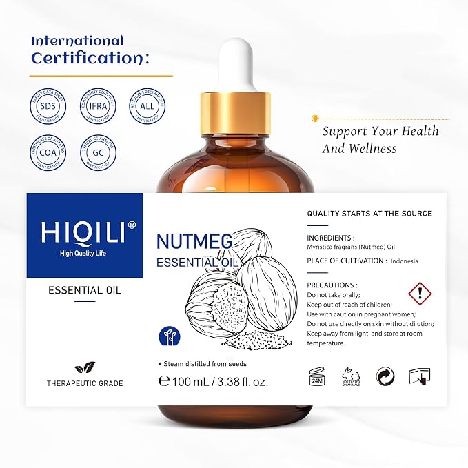 HIQILI Nutmeg Essential Oil for Aromatherapy Diffuser,Massage & Skin Care | Brings Warm Comfort Aroma for Diffuser & Body Massage, Perfect for Home Scent & DIY Fragrance Craft -100ml / 3.38 fl oz