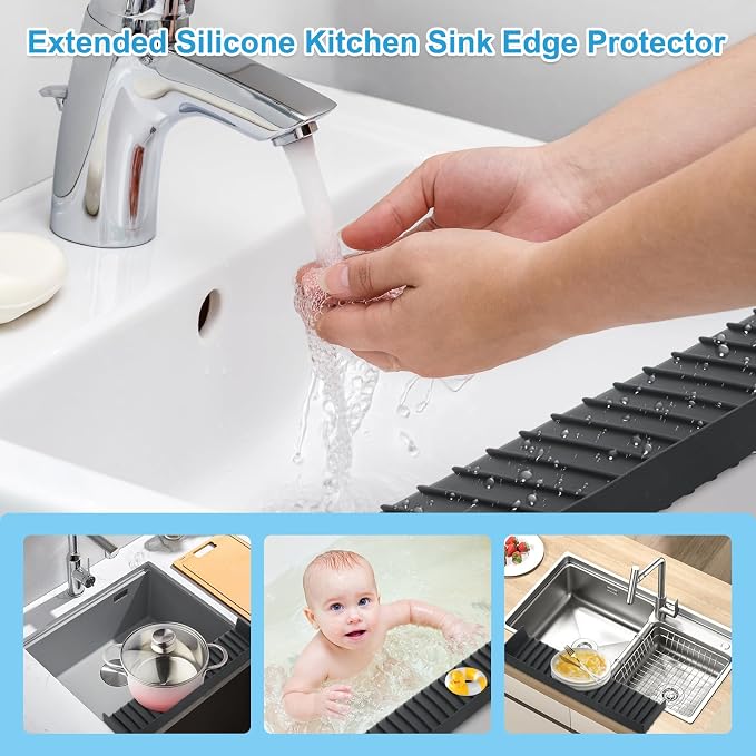 Silicone Faucet Splash Guard 4" x 14", Faucet Water Catcher Mat, Longer Silicone Sink Mat for Kitchen, Bathroom, Laundry Room, Farmhouse for Quartz Kitchen Sink（Black）