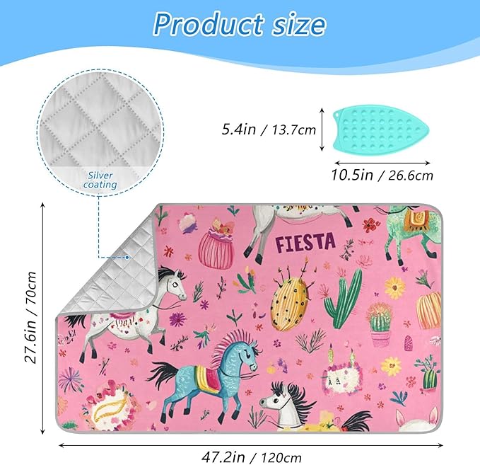 Ironing Mat Portable Ironing Pad Ironing Blanket for Table Top Heat Resistance Double-Side Using Travel Large 47.2 x 27.6 Inch Foldable Lightweight Pink Fiesta Horses Cacti Skulls